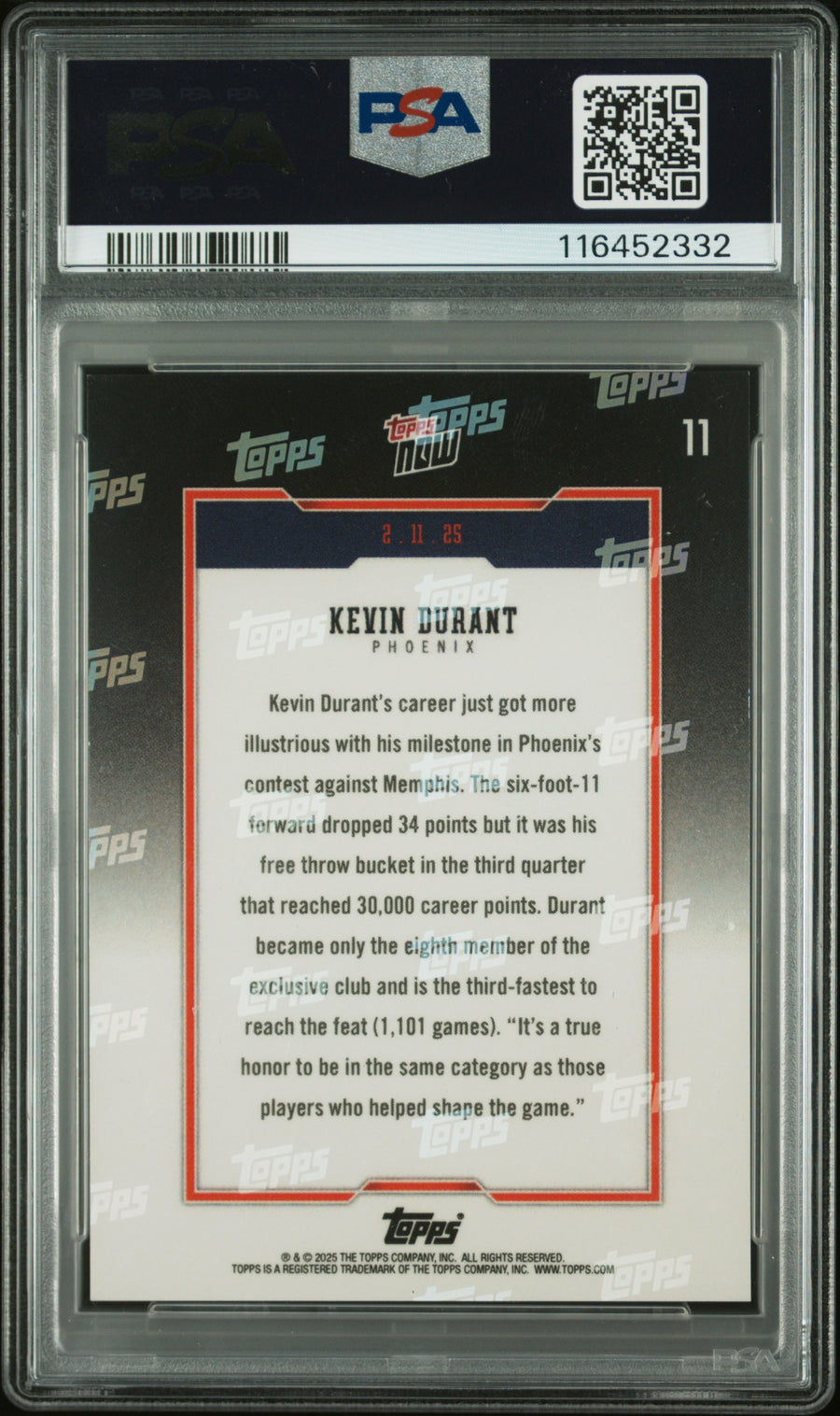 2024 Topps Now #11 Kevin Durant 39/99 Green PSA 10 — Back