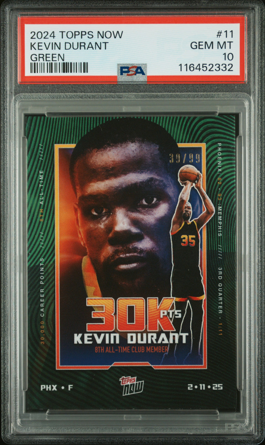 2024 Topps Now #11 Kevin Durant 39/99 Green PSA 10 — Front
