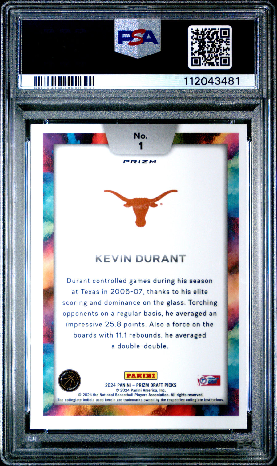 2024 Panini Prizm Draft Picks Black Color Blast #1 Kevin Durant PSA 8 — Back