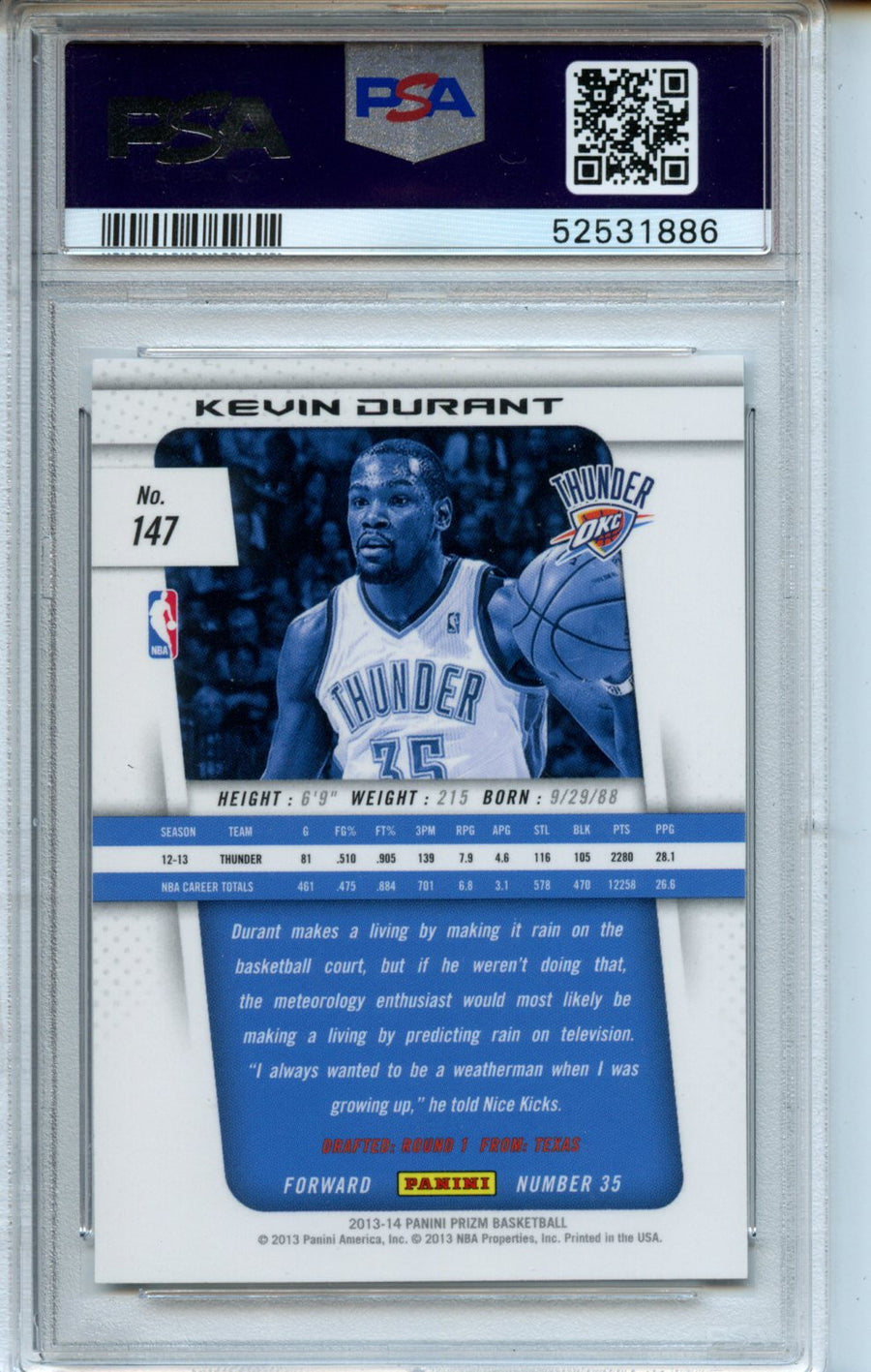2013 Panini Prizm #147 Kevin Durant PSA 10 — Back