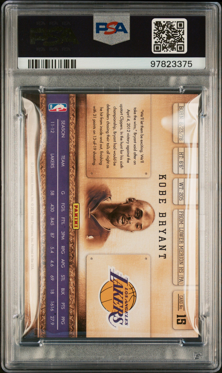 2011 Panini Gold Standard #15 Kobe Bryant 040/299 Gold Standard PSA 8 — Back