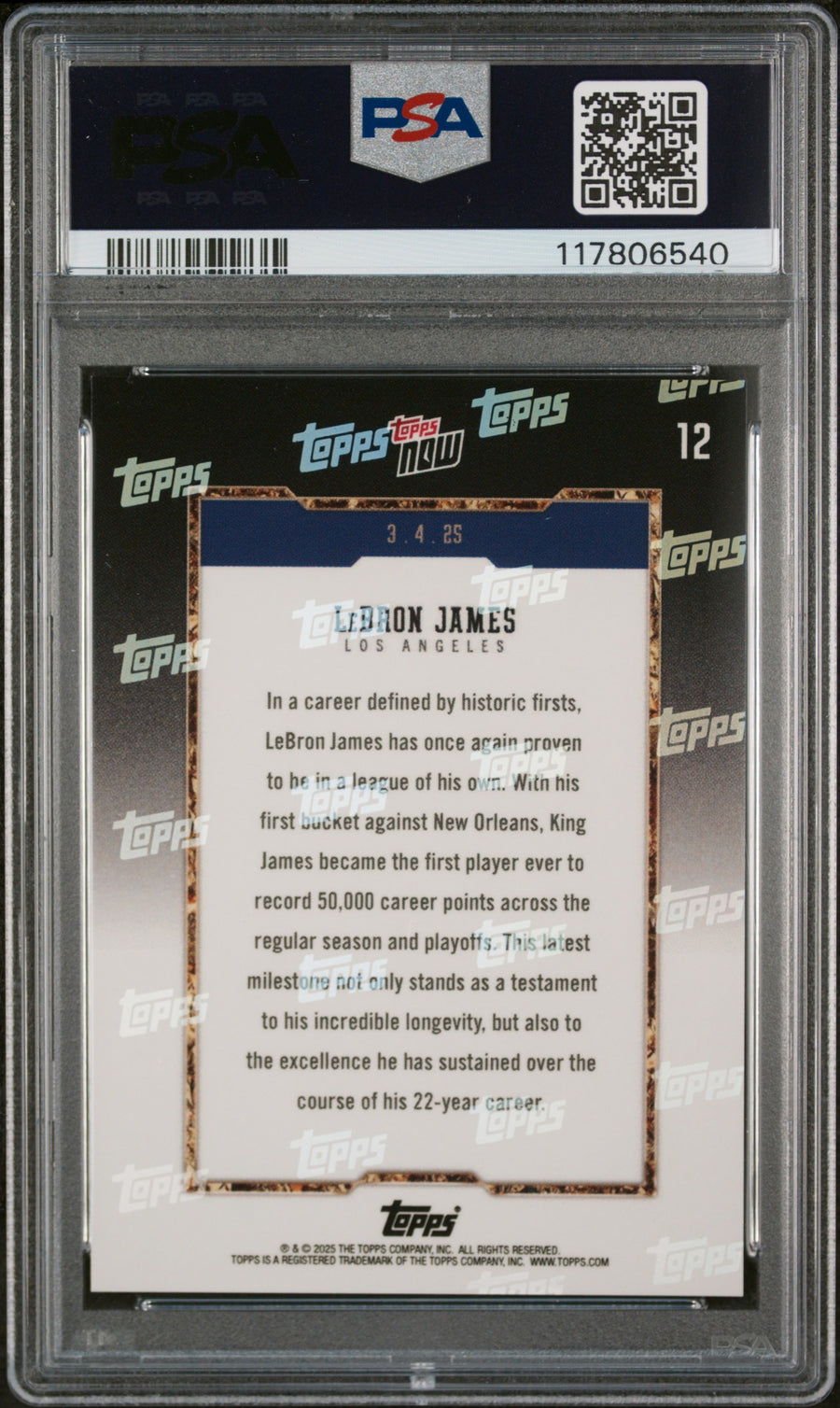 2024 Topps Now #12 Lebron James PSA 10 — Back