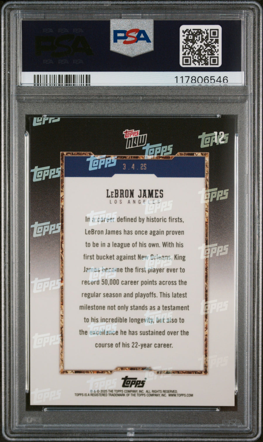 (1)2024 Topps Now #12 Lebron James PSA 10 — Back
