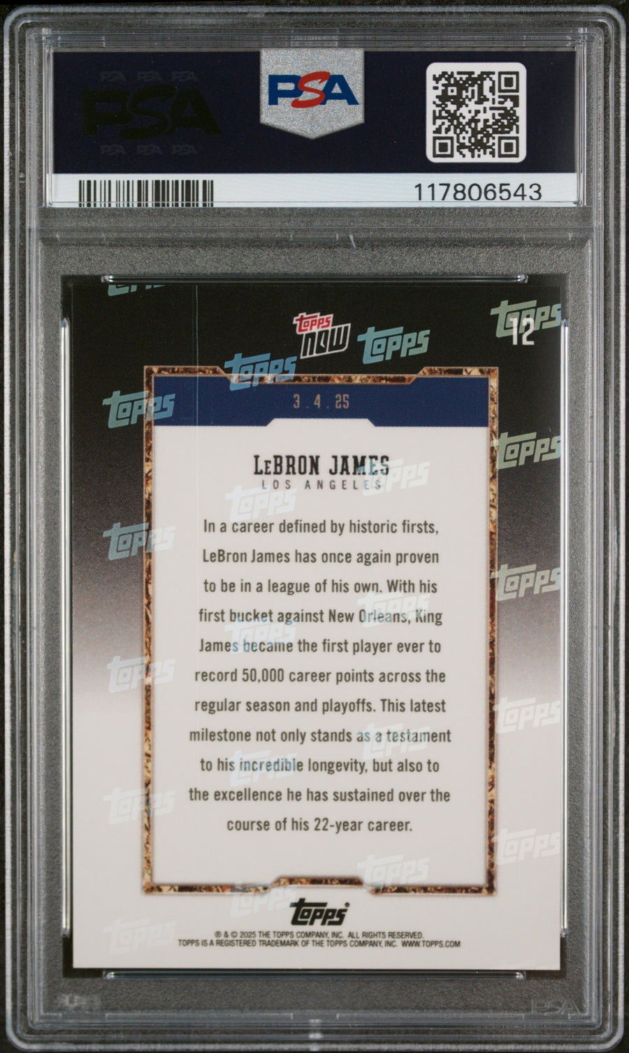 (2)2024 Topps Now #12 Lebron James PSA 10 — Back