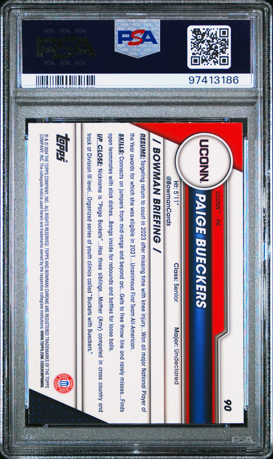 2023 Bowman University Chrome #90 Paige Bueckers Purple Shimmer PSA 10 — Back