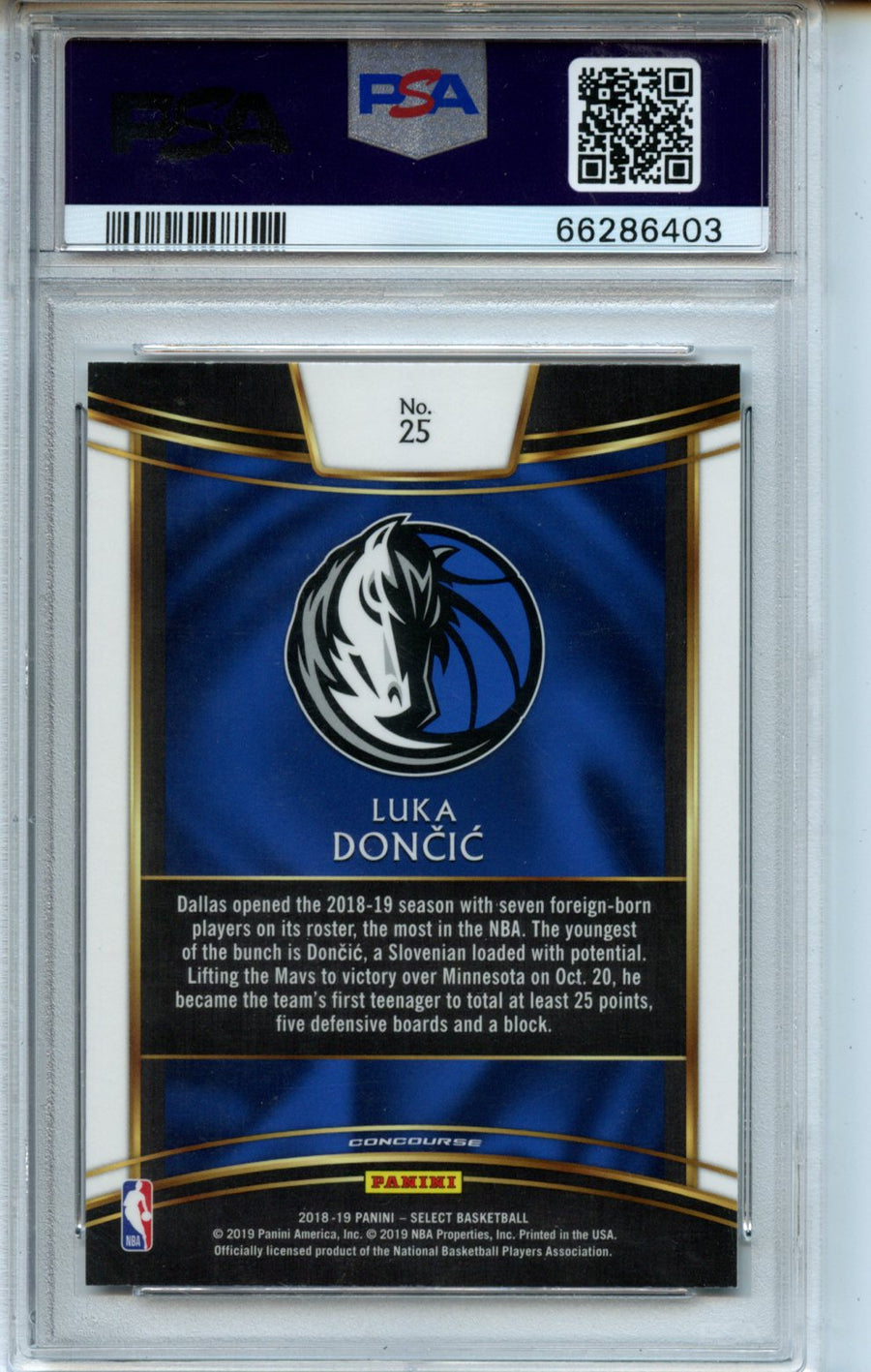 2018 Panini Select #25 Luka Doncic RC PSA 10 — Back