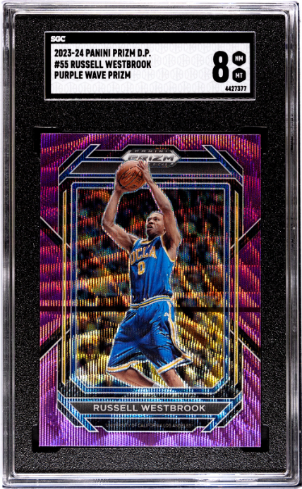 2023-24 Panini Prizm Draft Picks #55 Russell Westbrook Purple Wave Prizm SGC 8 — Front