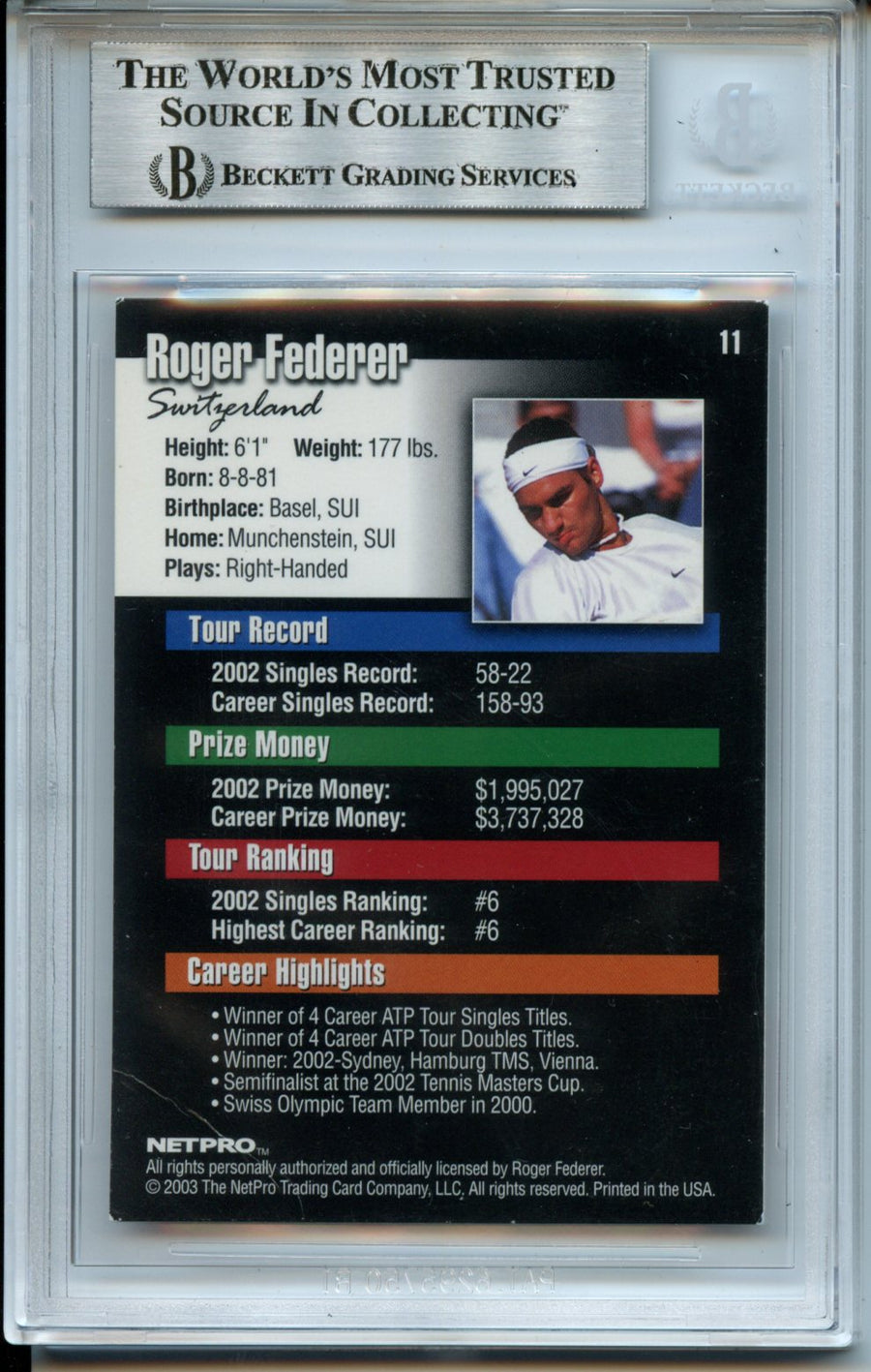 2003 NetPro #11 Roger Federer RC BGS Authentic Autograph — Back