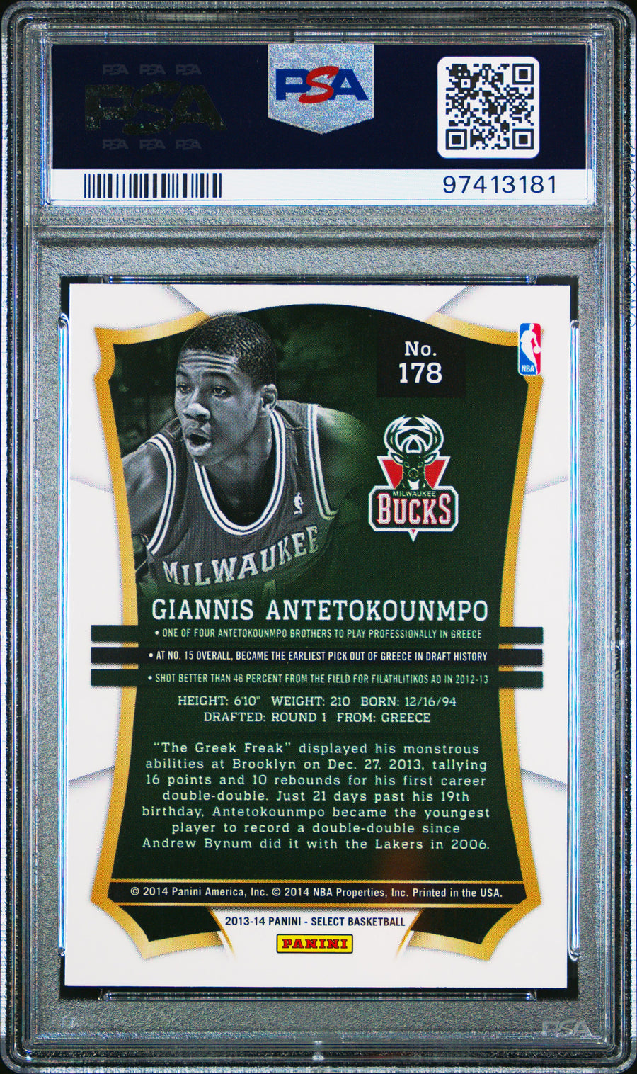 2013 Panini Select #178 G.Antetokounmpo RC PSA 10 — Back