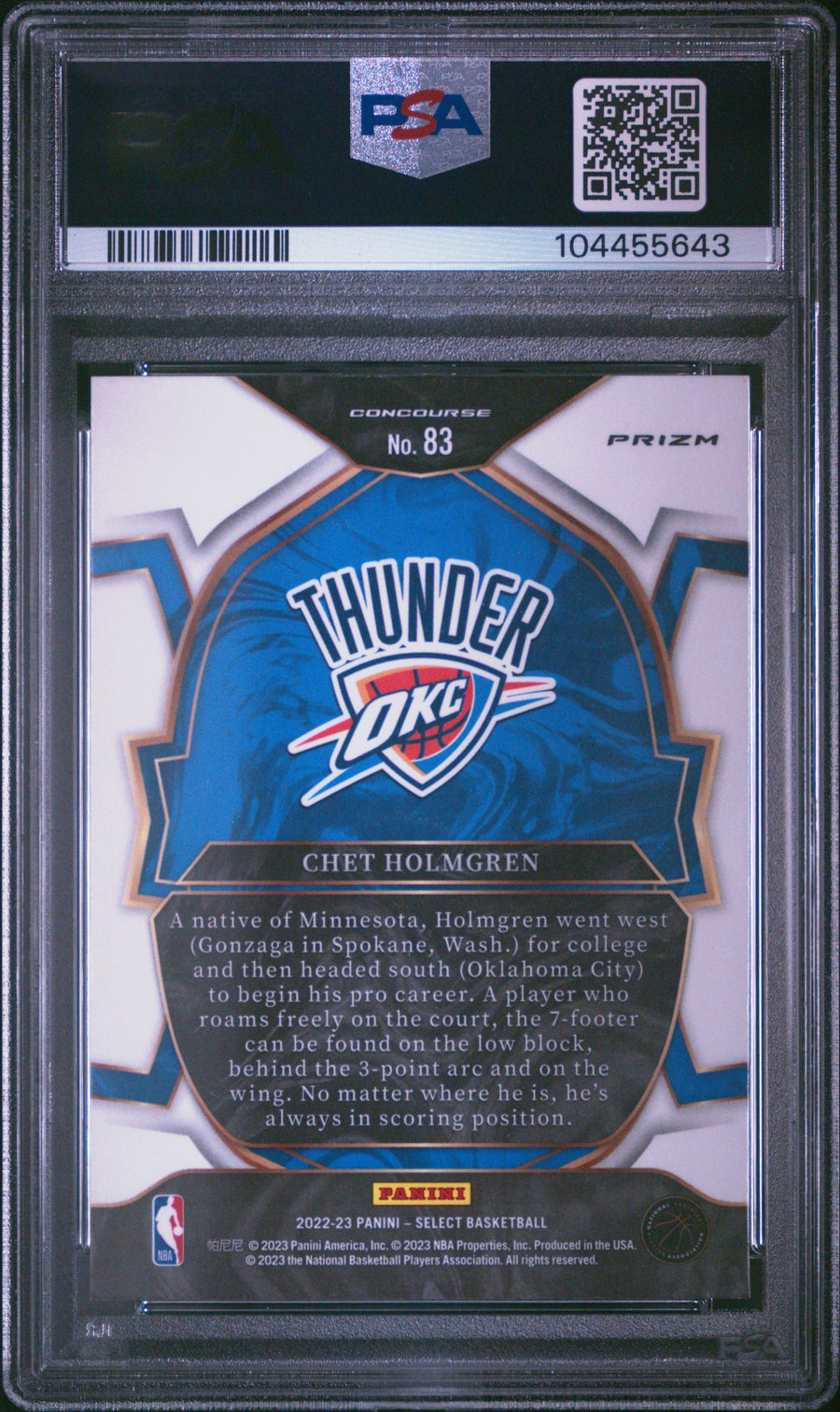 2022 Panini Select #83 Chet Holmgren Blue Prizm RC PSA 10 — Back