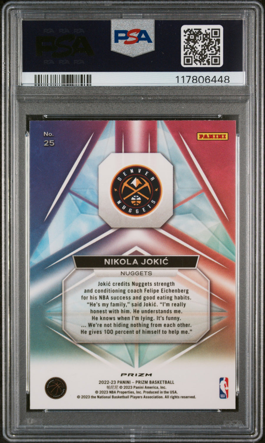 2022 Panini Prizm Prizmatic #25 Nikola Jokic Prizmatic-Silver Prizm PSA 9 — Back