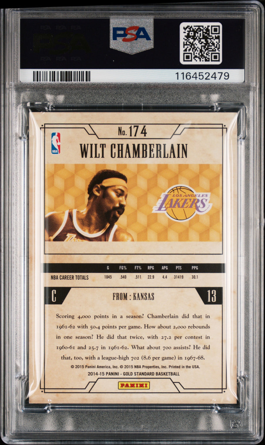 2014 Panini Gold Standard #174 Wilt Chamberlain 234/285 PSA 7 — Back