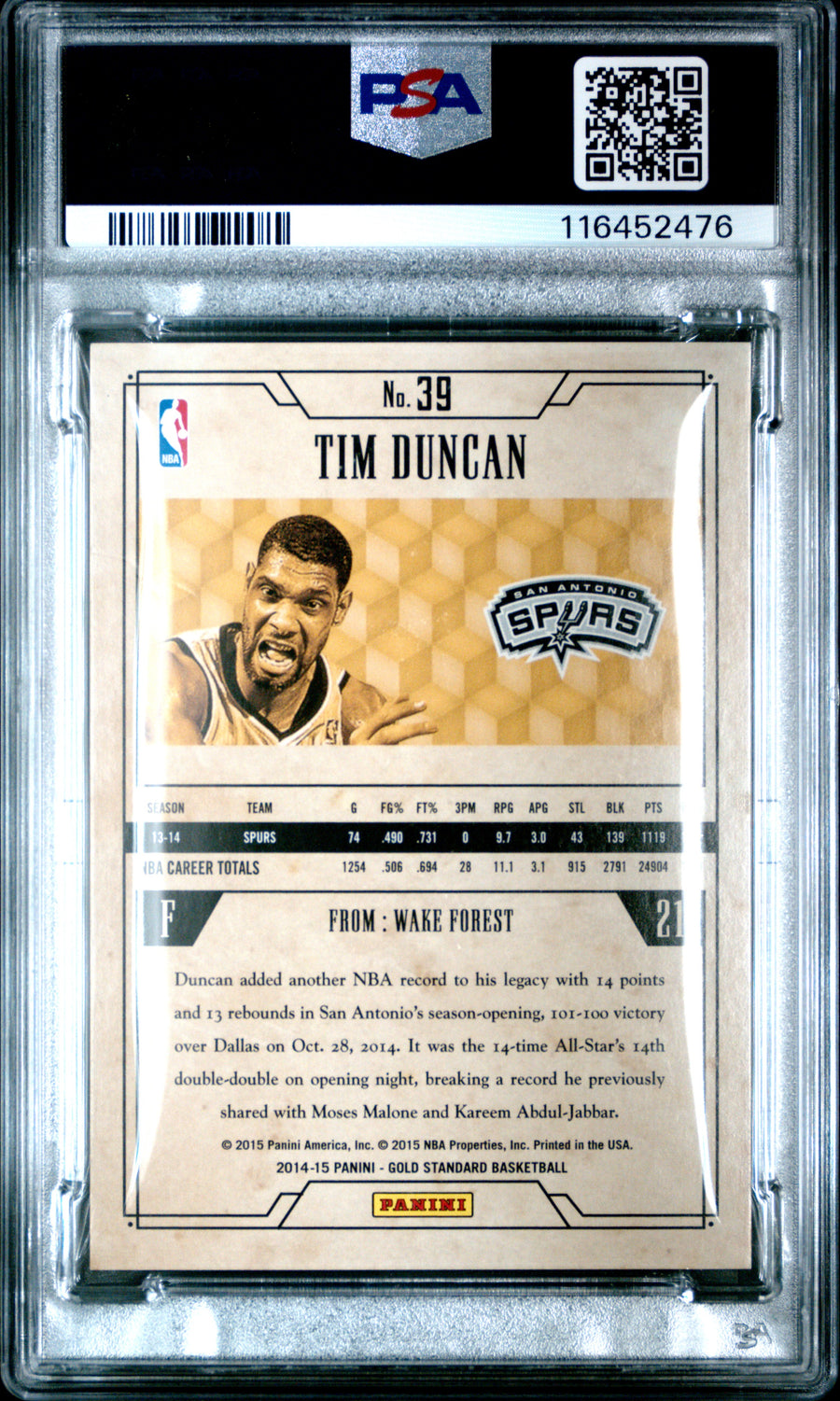 2014 Panini Gold Standard #39 Tim Duncan 235/285 PSA 6 — Back