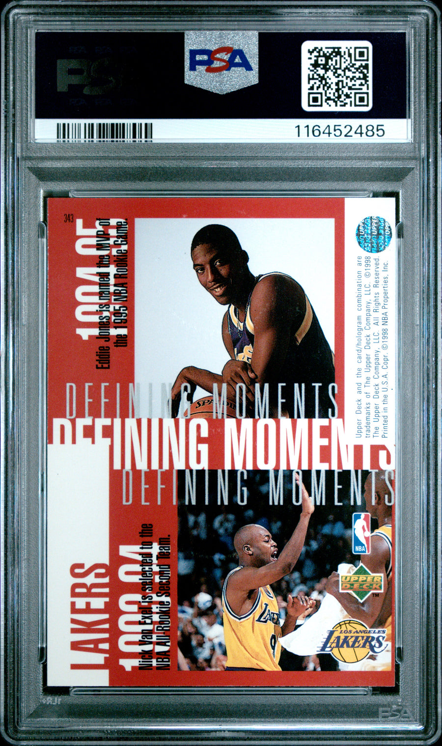 1997 Upper Deck #343 L.A. Lakers O'Neal/Bryant/Jones/Exel PSA 9 — Back