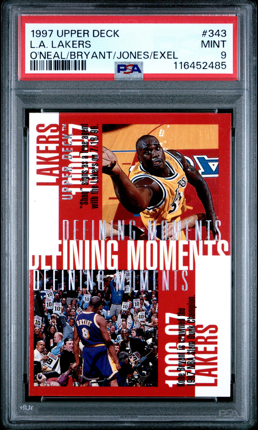 1997 Upper Deck #343 L.A. Lakers O'Neal/Bryant/Jones/Exel PSA 9 — Front