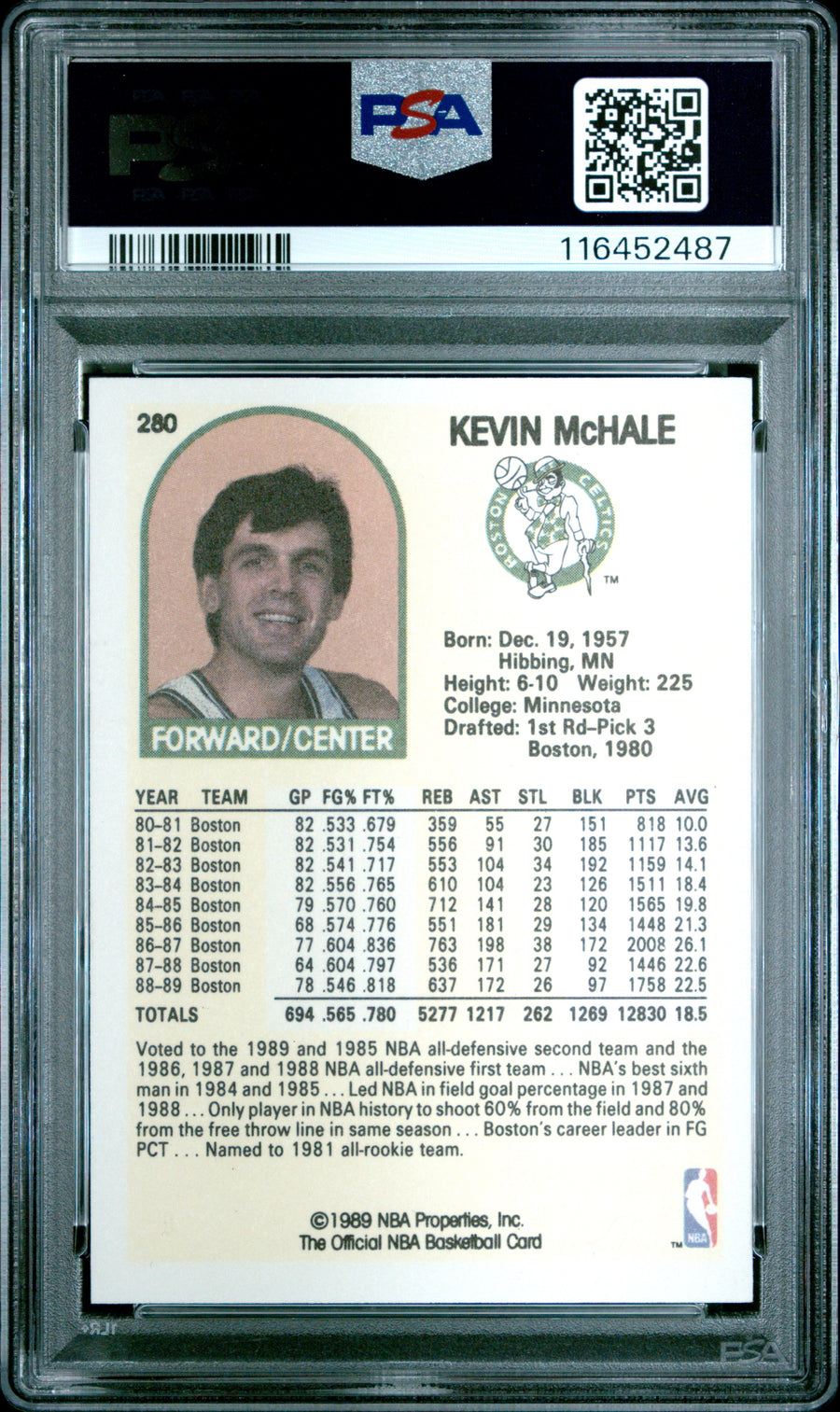 1989 Hoops #280 Kevin Mchale PSA 9 — Back