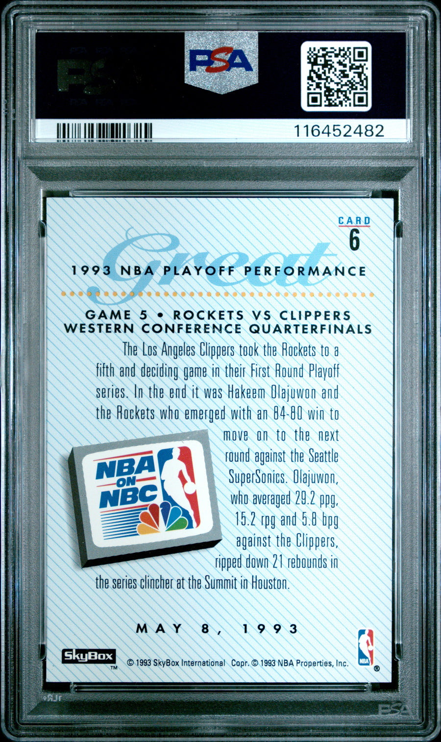 1993 Skybox Premium #6 Hakeem Olajuwon PSA 5 — Back