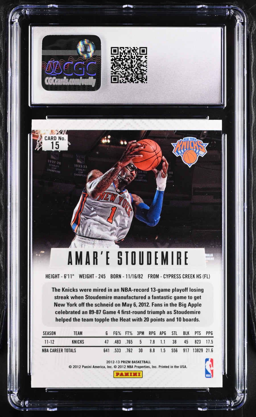 2012-13 Prizm #15 Amar'e Stoudemire CGC 9 — Back