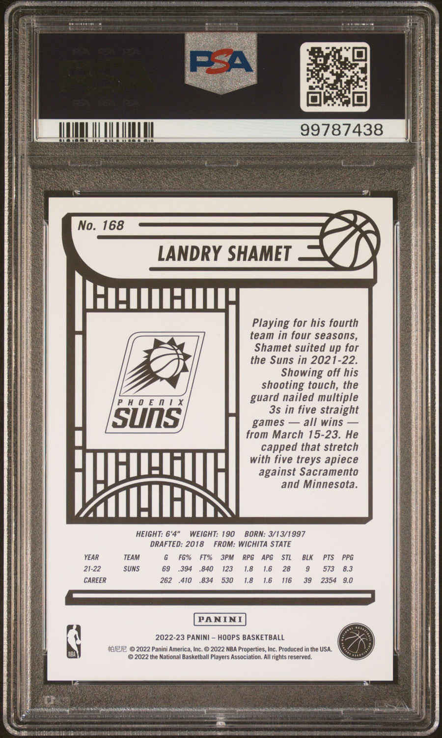 2022 Panini NBA Hoops #168 Landry Shamet 02/10 Artist Proof Gold PSA 9 — Back