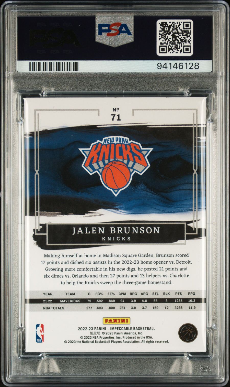 2022 Panini Impeccable #71 Jalen Brunson 80/99 PSA 9 — Back