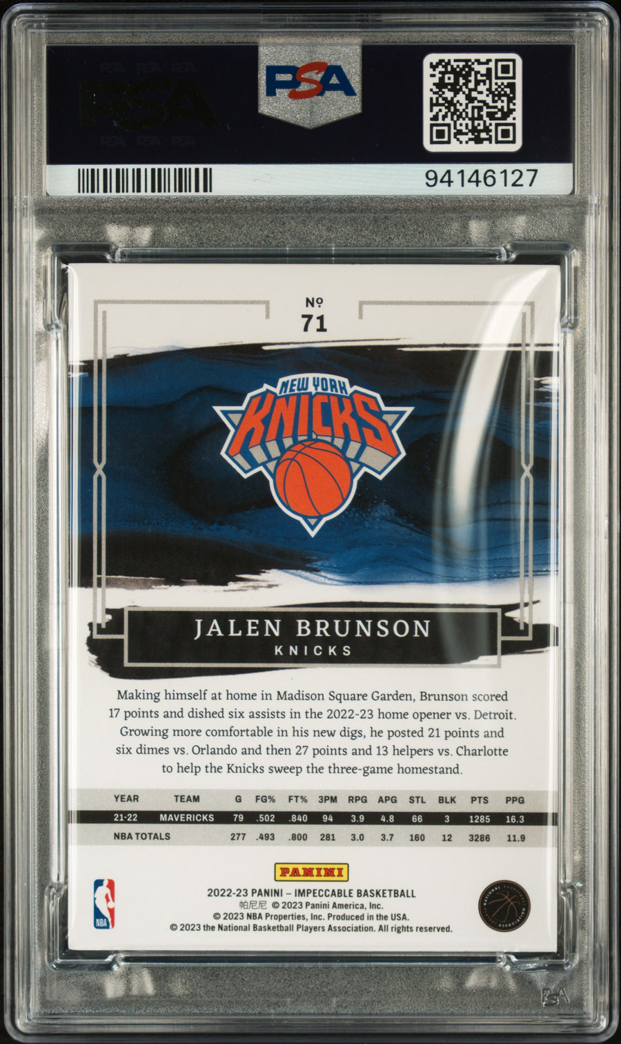 2022 Panini Impeccable #71 Jalen Brunson 47/49 Gold PSA 7 — Back