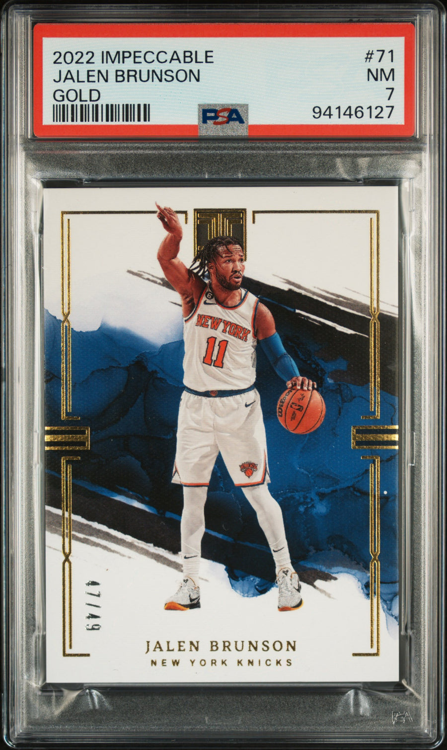 2022 Panini Impeccable #71 Jalen Brunson 47/49 Gold PSA 7 — Front