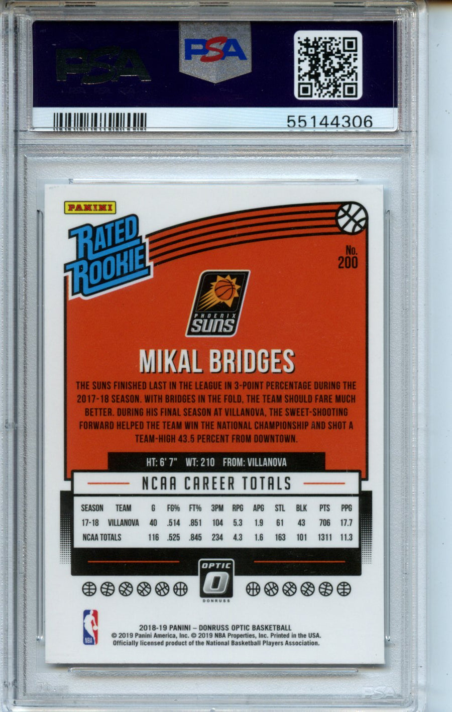 2018 Panini Donruss Optic #200 Mikal Bridges RR PSA 10 — Back