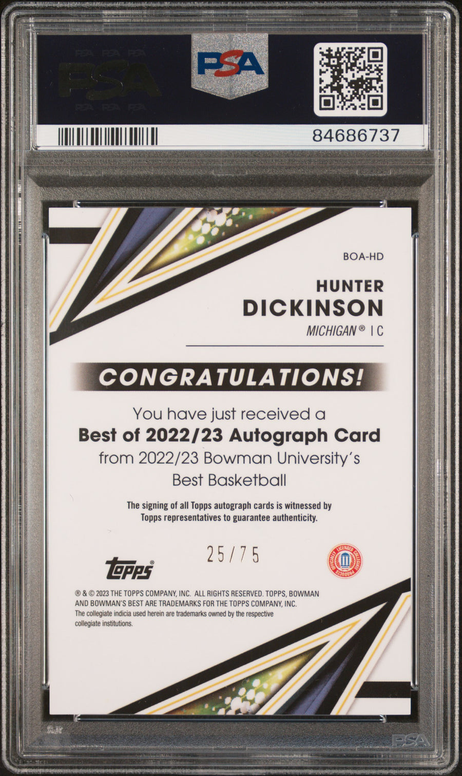 2022 Bowman University Best Of 2022 Autograph #BOAHD Hunter Dickinson AU-Gold Lava Refractor PSA 10-10 — Back