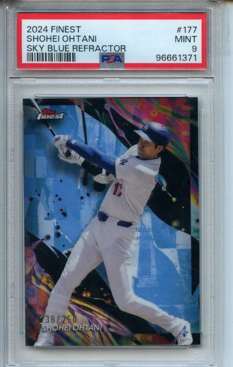 2024 Shohei Ohtani Topps Finest #177 – Sky Blue Refractor 238/250 – PSA 9 — Front