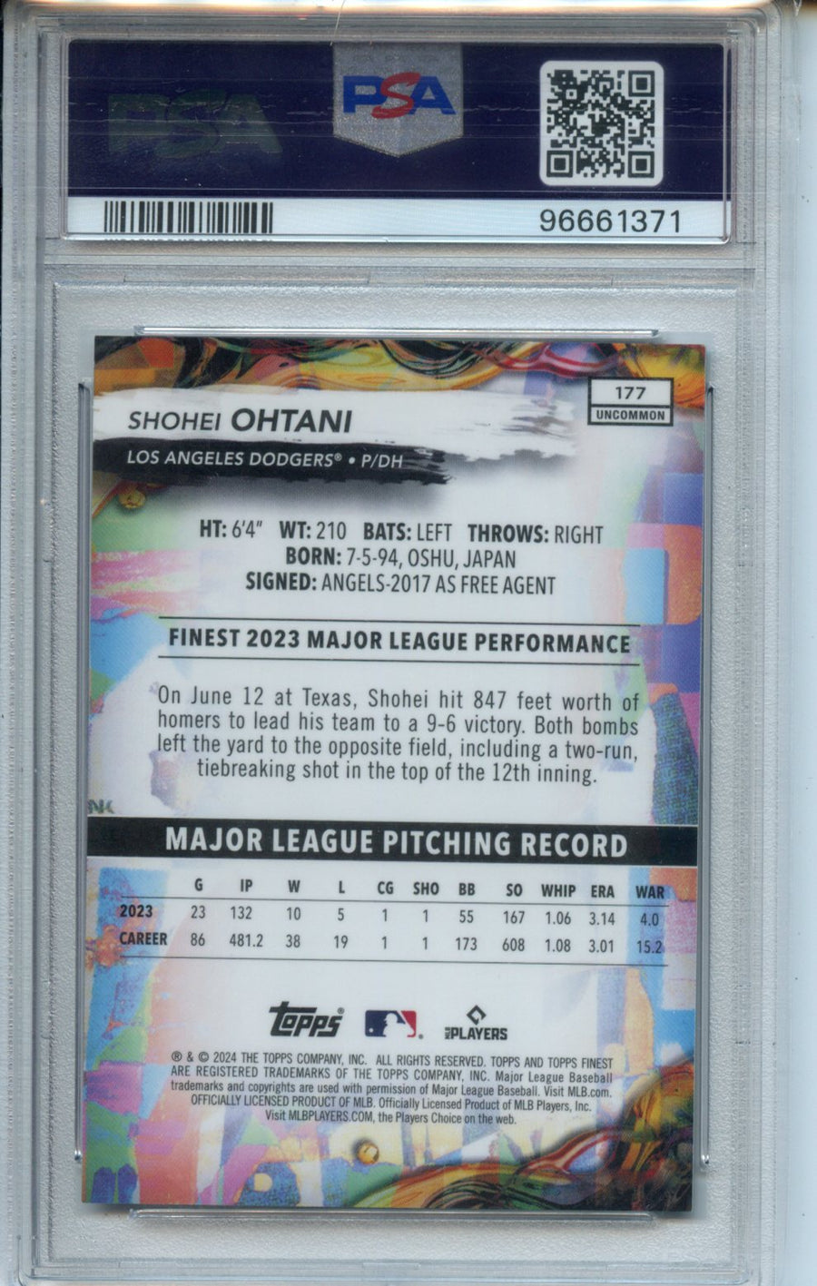 2024 Shohei Ohtani Topps Finest #177 – Sky Blue Refractor 238/250 – PSA 9 — Back