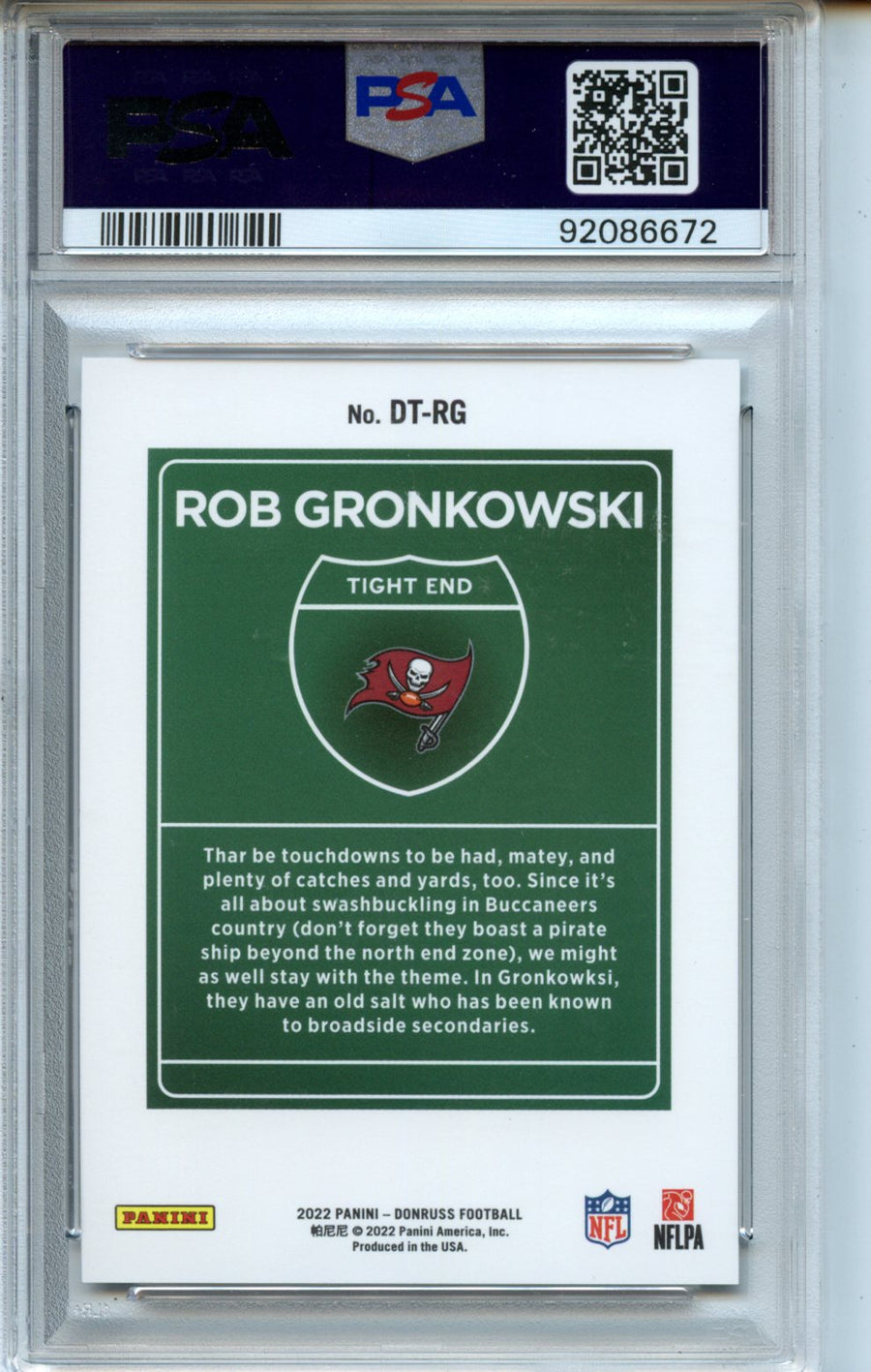 2022 Rob Gronkowoski Panini Donruss Downtown! #DTRG – PSA 10 — Back