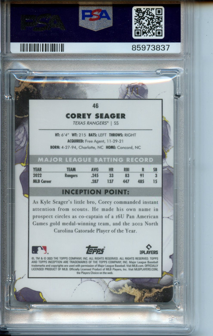 2023 Corey Seager Topps Inception #46 – Magenta Printing Plate 1/1 – PSA 10 — Back