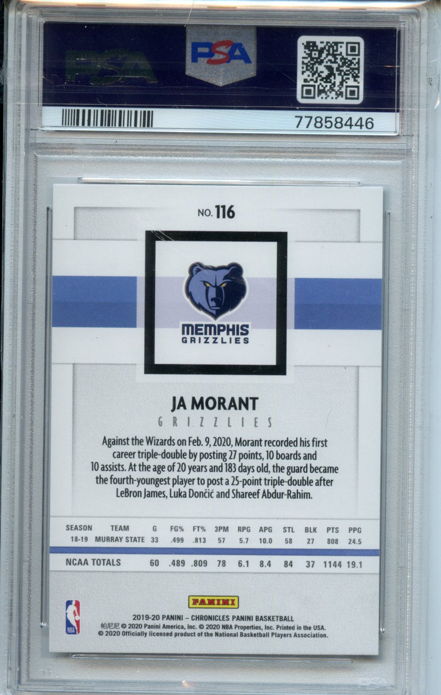 2019 Ja Morant Panini Chronicles Rookie – PSA 10 — Back