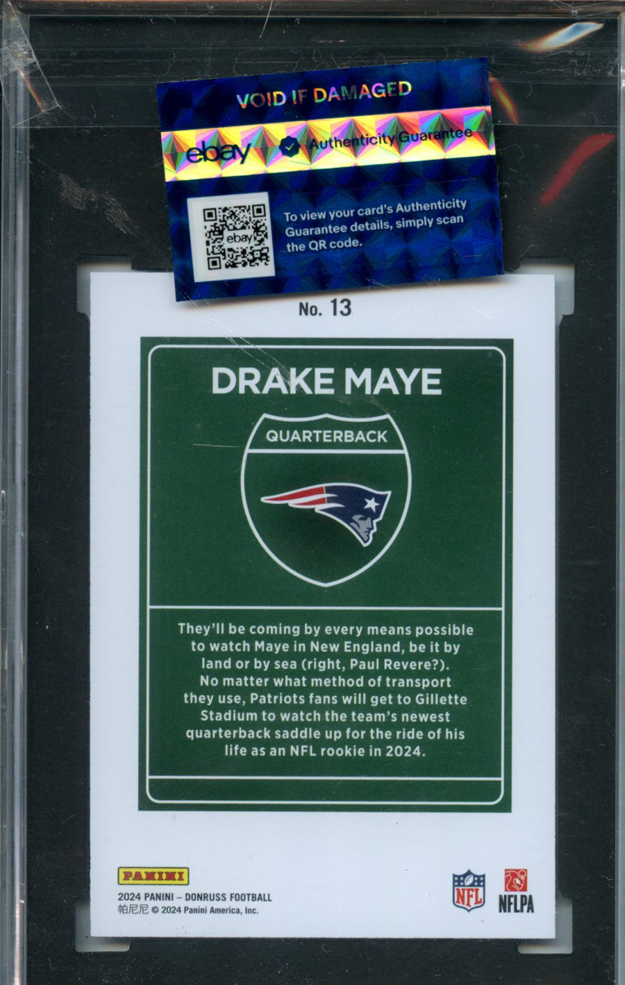 2024 Drake Maye Panini Donruss #13 – RC – Downtown – SGC 9.5 MT+ — Back